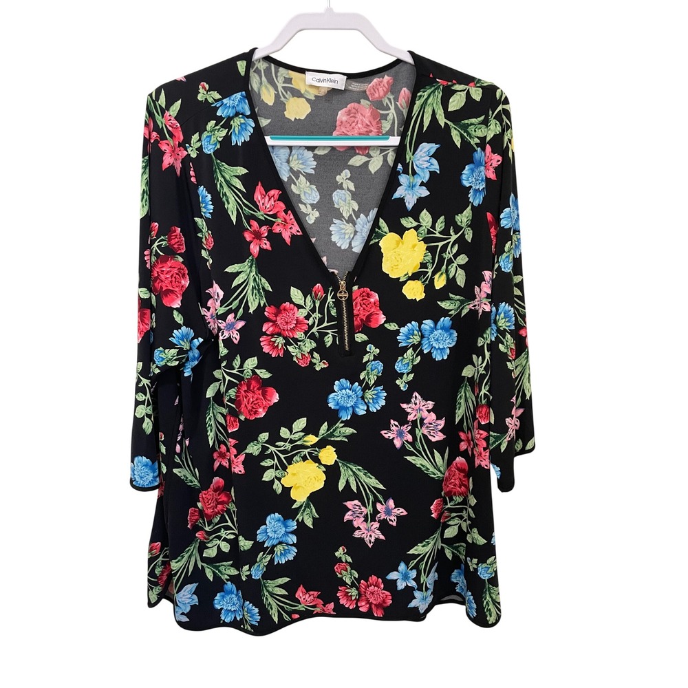 Calvin Klein Womens 2X Floral Zip Neck Stretch Jersey Tunic Blouse Black Pink